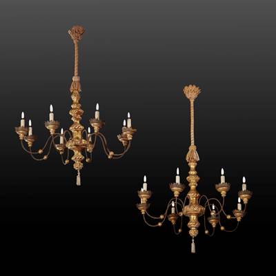 A pair of carved and gilded wood chandeliers, 8 arms of light, Genoa, Italy, 18th century (without the fabric : 60 cm high, 85 cm diameter) (without the fabric : 2ft high, 33 in. diameter)